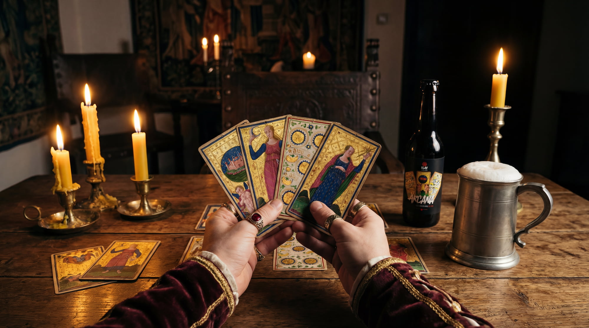 Arcana — set fotografico con le carte del Mazzo Colleoni e la birra Elav.