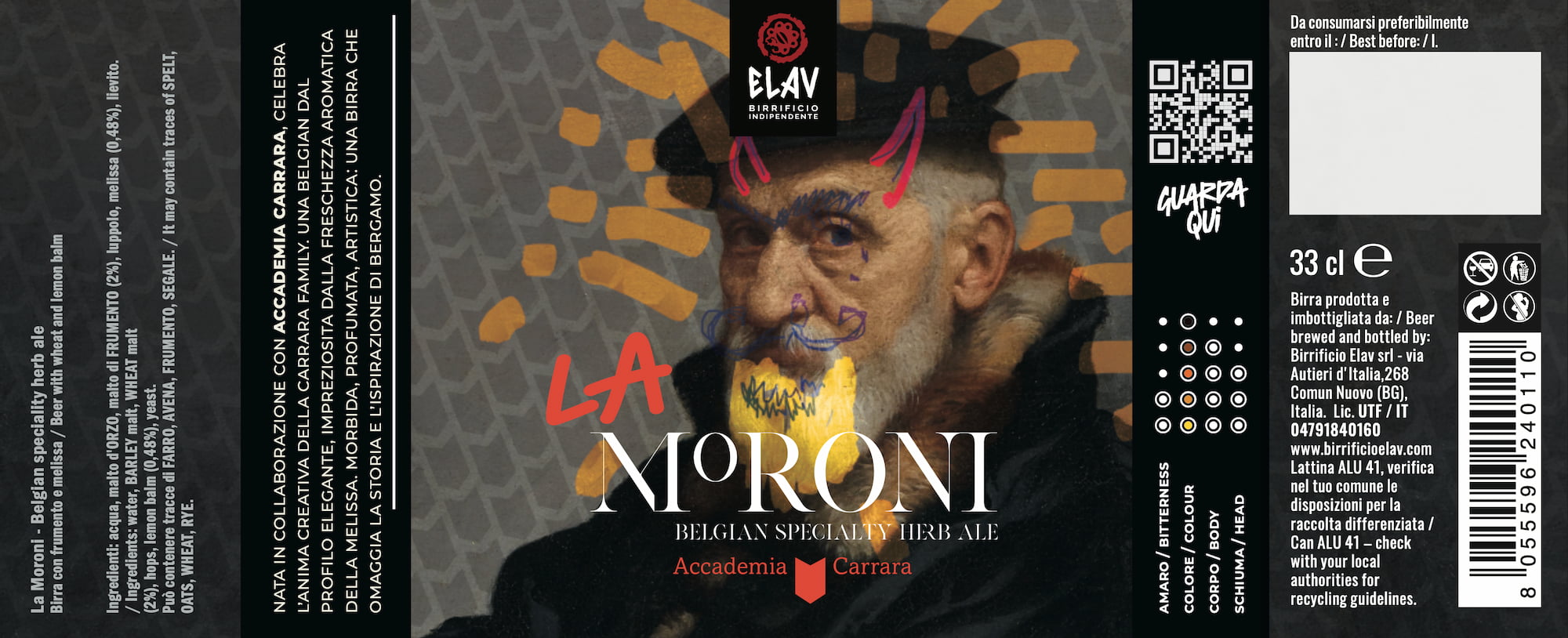 La Moroni — etichetta della Belgian Specialty Herb Ale Elav × Accademia Carrara.