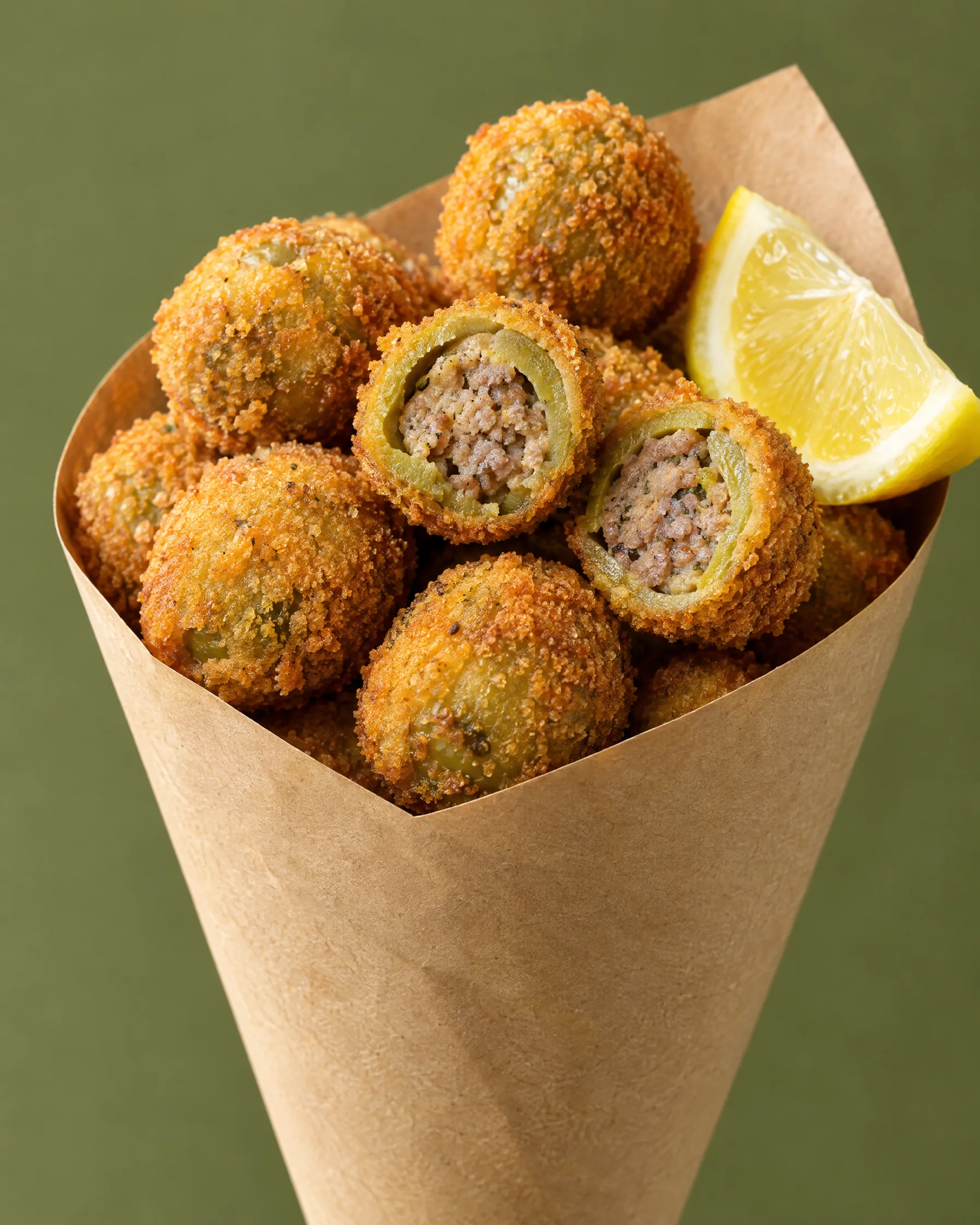Cono di olive all’ascolana appena fritte