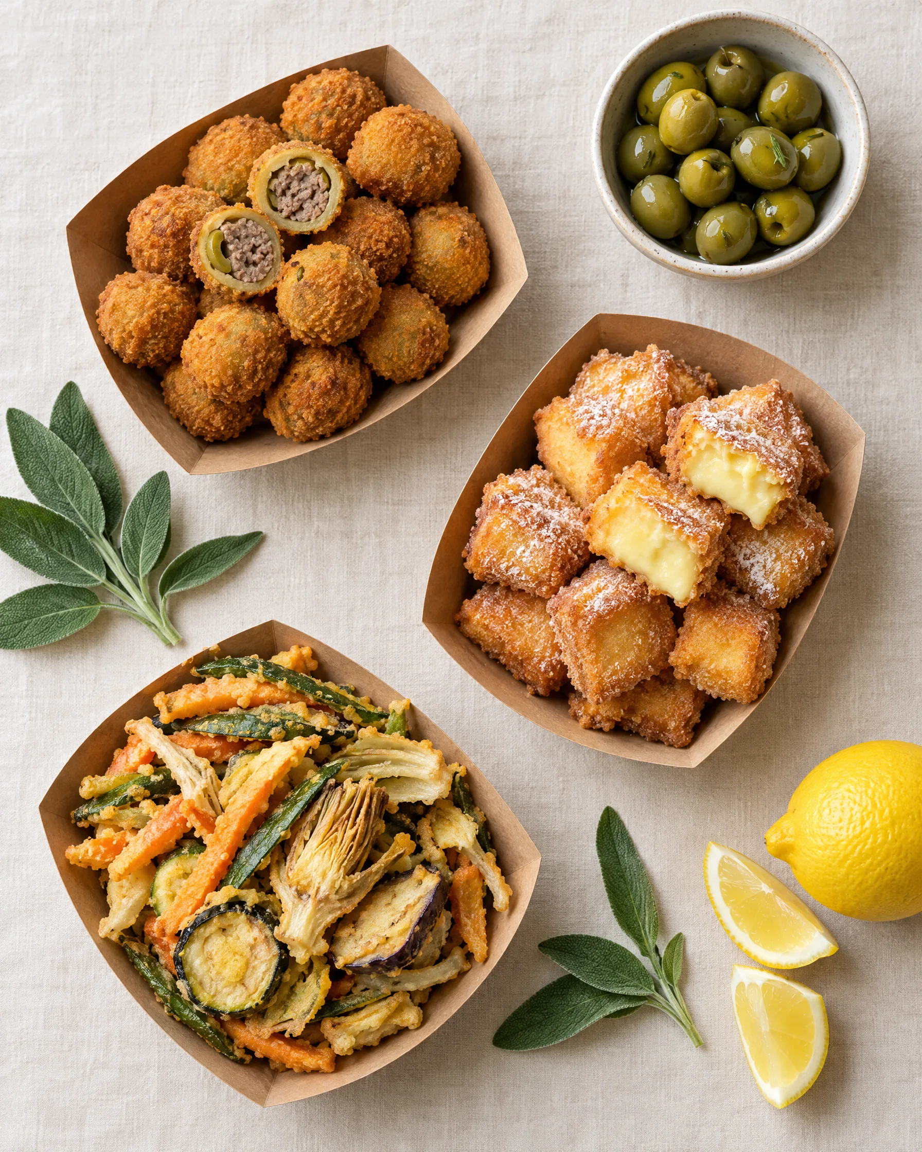 Olive all’ascolana, cremini e verdure fritte